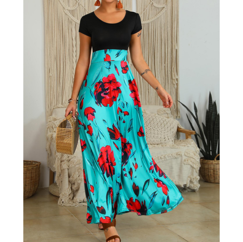 Round Neck Short Sleeve Print Splicing High Waist Dress