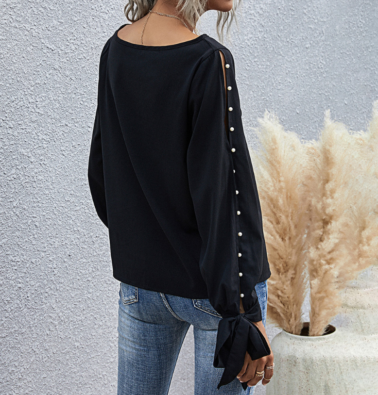 Women'S Solid Color Fashion Pearl Round Neck Long Sleeve Top