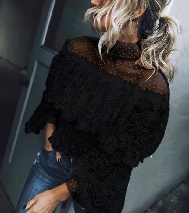 High-Necked Irregular Lace Shirt