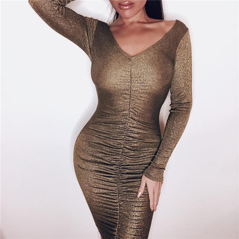 Women's Long Sleeve V-neck Slim Bag Hip Sexy Dress