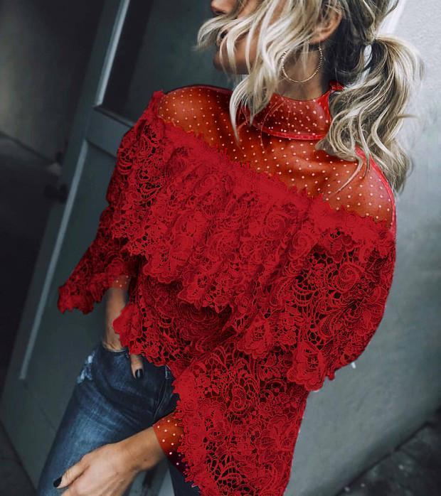 High-Necked Irregular Lace Shirt