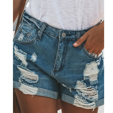 Solid Color Women'S Ripped Denim Shorts