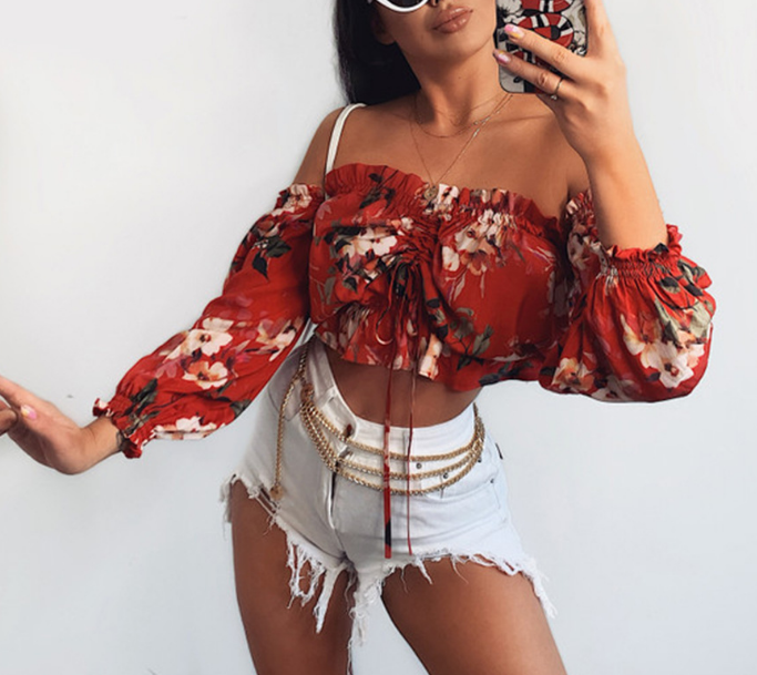 Off-The-Shoulder Sexy Print Long-Sleeved Shirt Tops