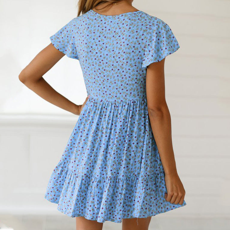 Women V-Neck Sexy Print Ruffled Dress