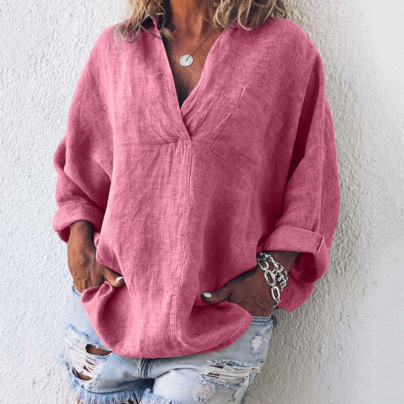 Loose V-Neck Long-Sleeved Shirt