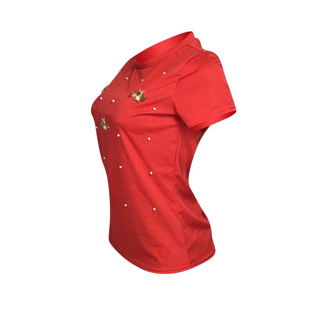 Short Sleeve Stretch Beaded Butterfly Round Neck Plus Size T-Shirt