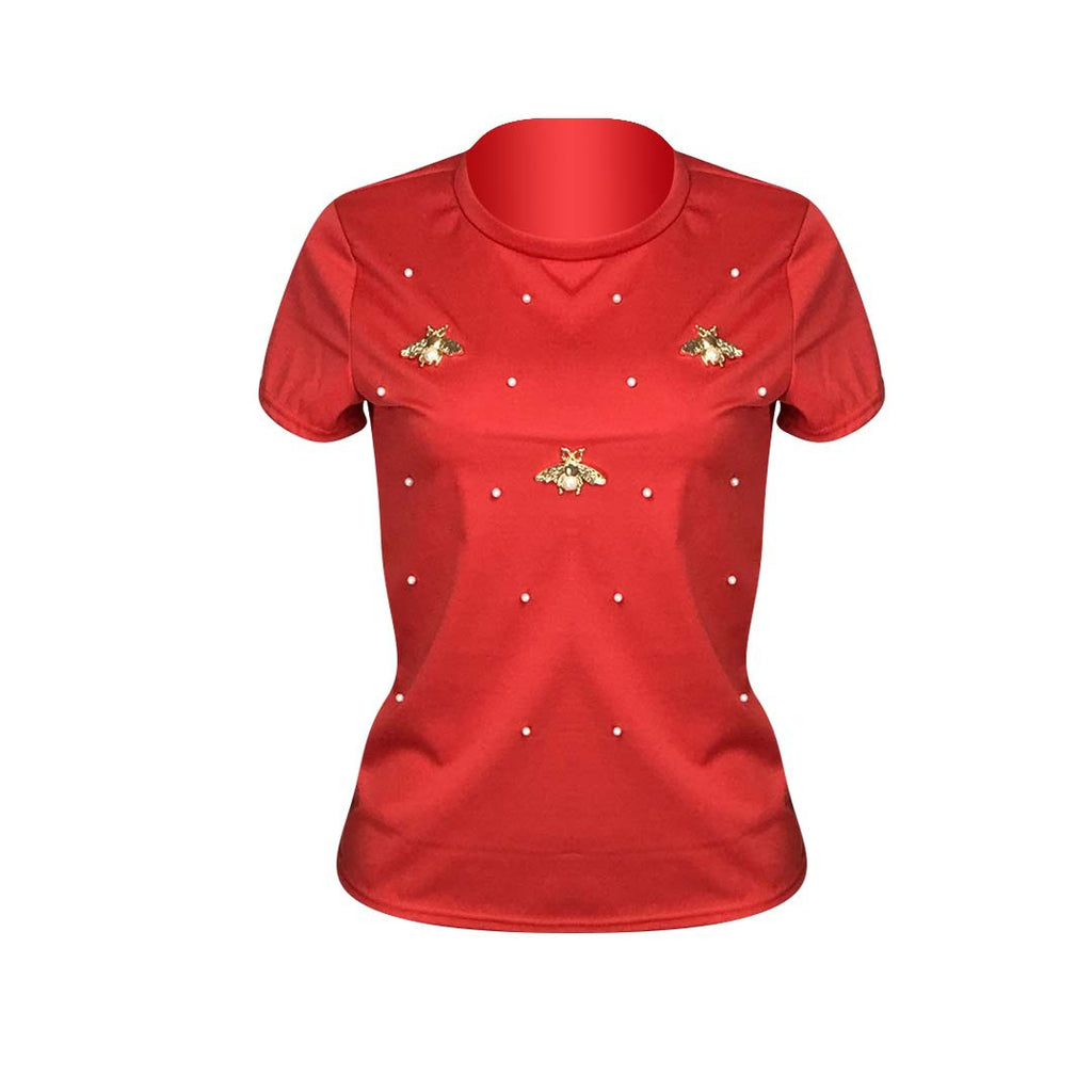 Short Sleeve Stretch Beaded Butterfly Round Neck Plus Size T-Shirt