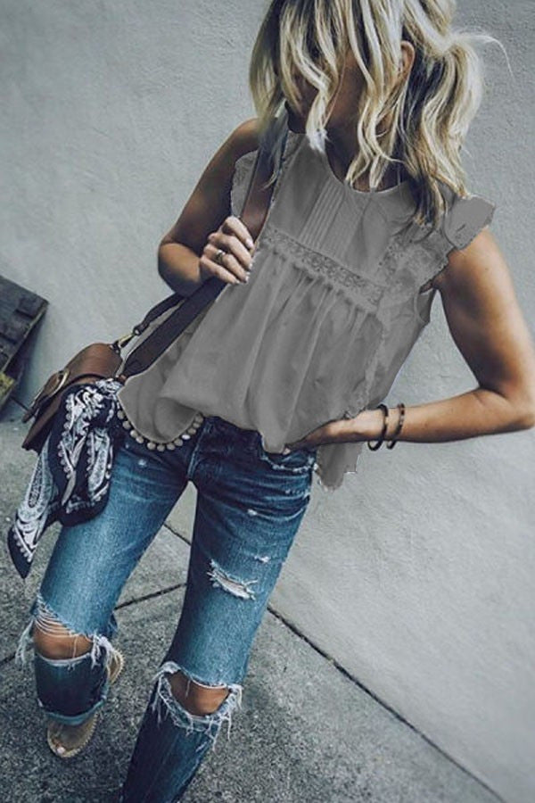 Round Neck Sleeveless Lace Shirt