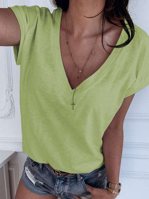 Casual Solid Color V-Neck Short Sleeve T-Shirt Top