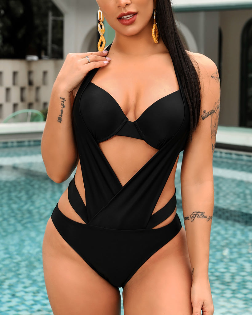 Pure Color Sleeveless Fashion Thin Black Sexy One Piece Swimsuit