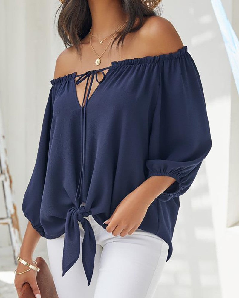 Sexy V-Neck Casual Long-Sleeved Solid Color Top