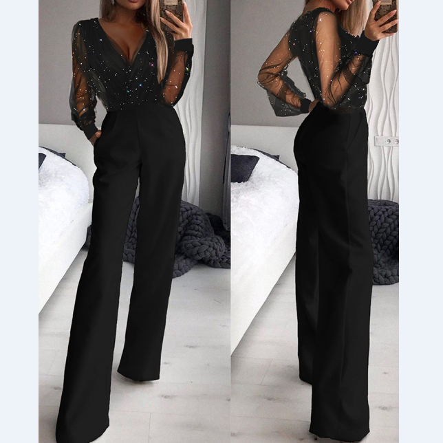 Casual Black V-Neck Stitching Long Sleeve Jumpsuit