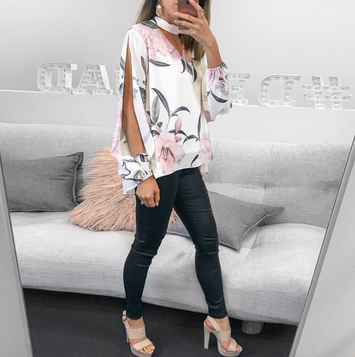 Fashion Printed Long Sleeve Button V-Neck Shirt