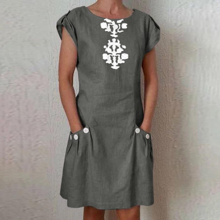 Solid Color Round Neck Short Sleeve Print Mini Dress