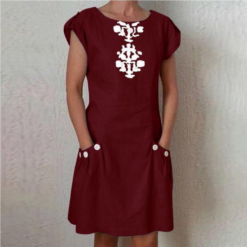 Solid Color Round Neck Short Sleeve Print Mini Dress