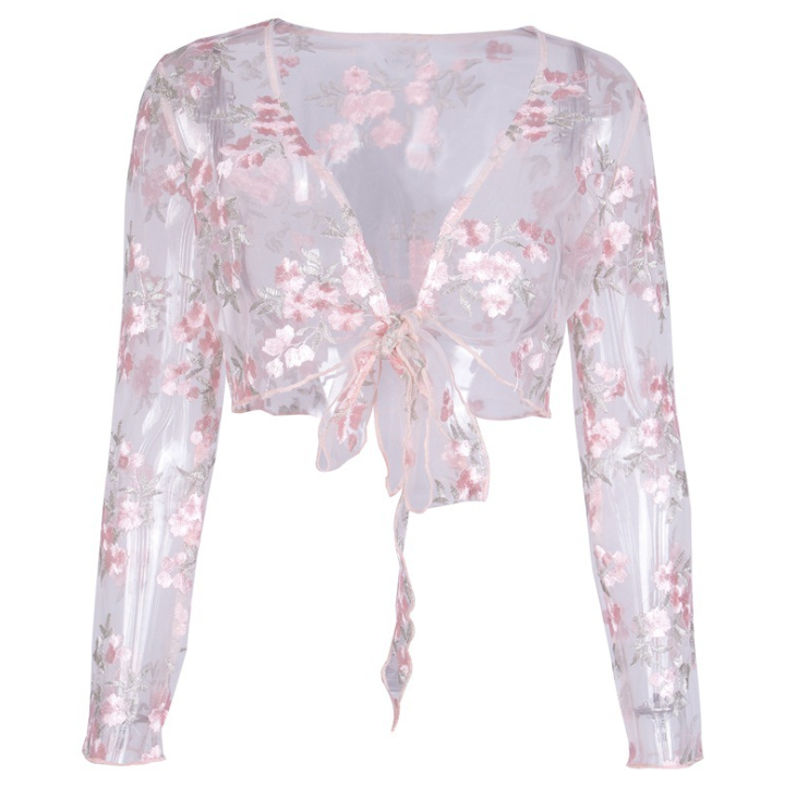 Long Sleeved Sexy Lace Embroidered Chiffon Top