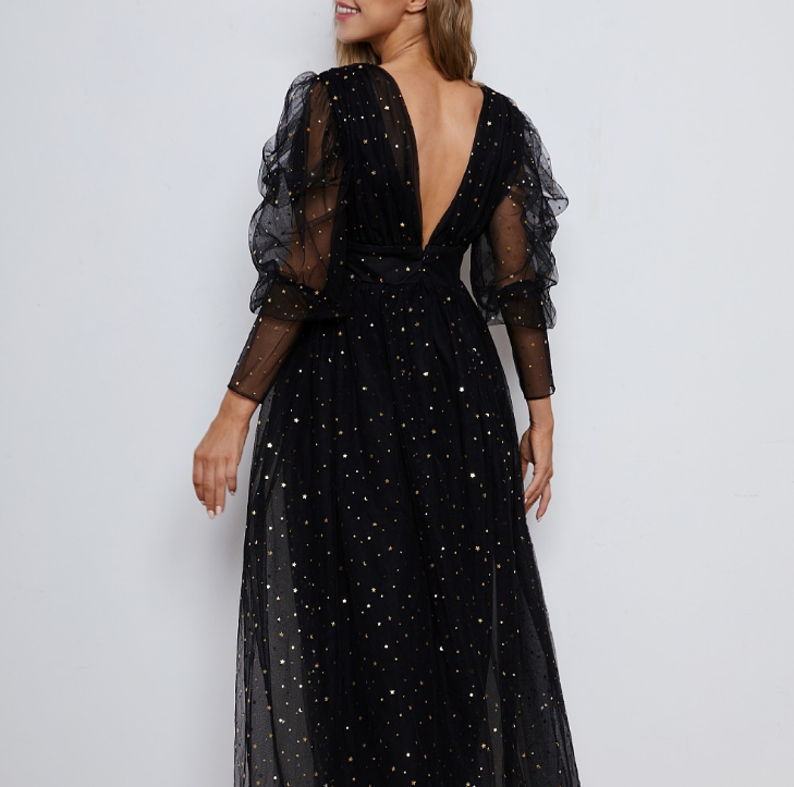 Long Sleeve V-neck Temperament Slim Pure Color Puff Sleeve Mesh Dress