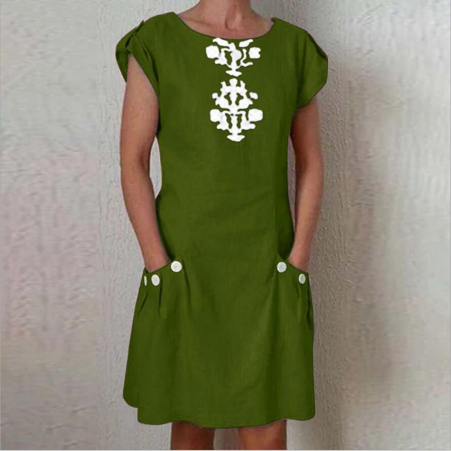 Solid Color Round Neck Short Sleeve Print Mini Dress