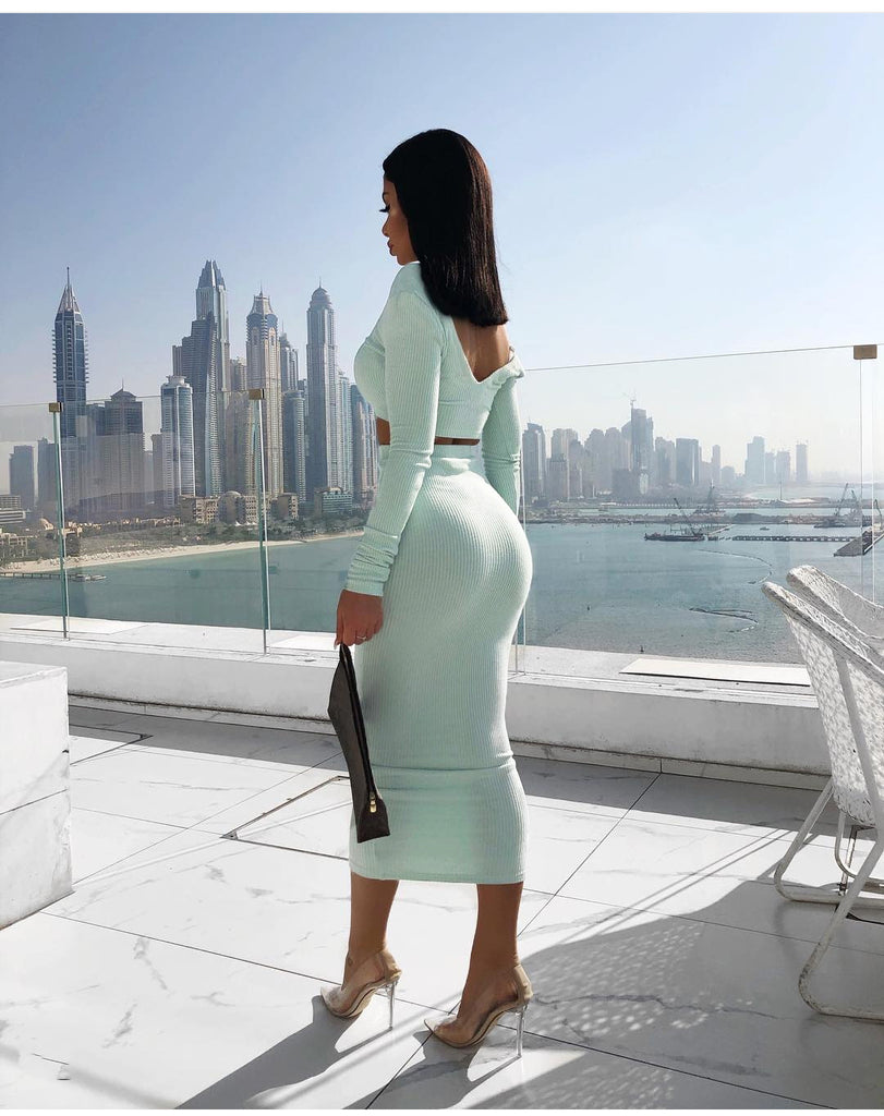 V-Neck Women'S Long Sleeve Two-Piece Suit Dress