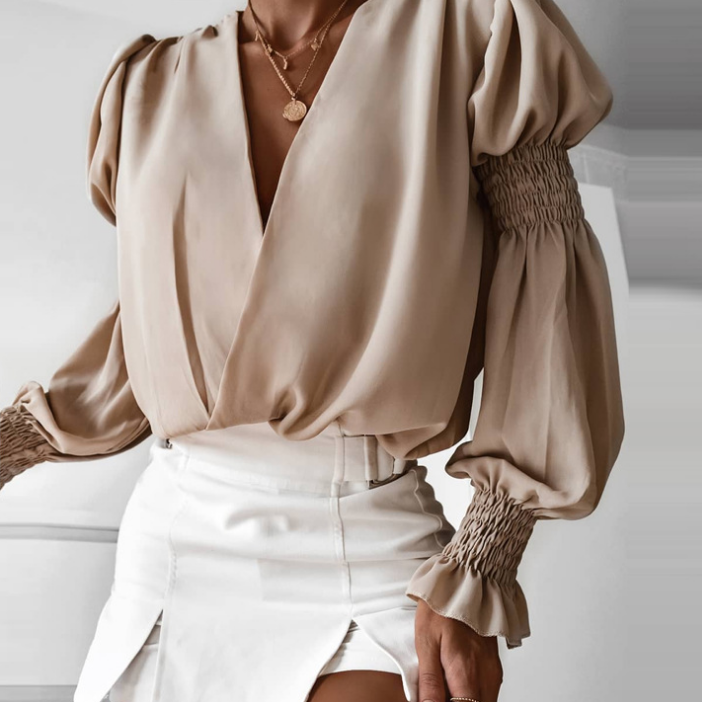 Solid Color Sexy V-neck Long Sleeve Shirt