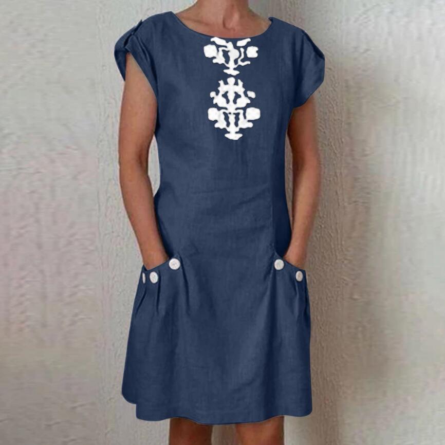 Solid Color Round Neck Short Sleeve Print Mini Dress