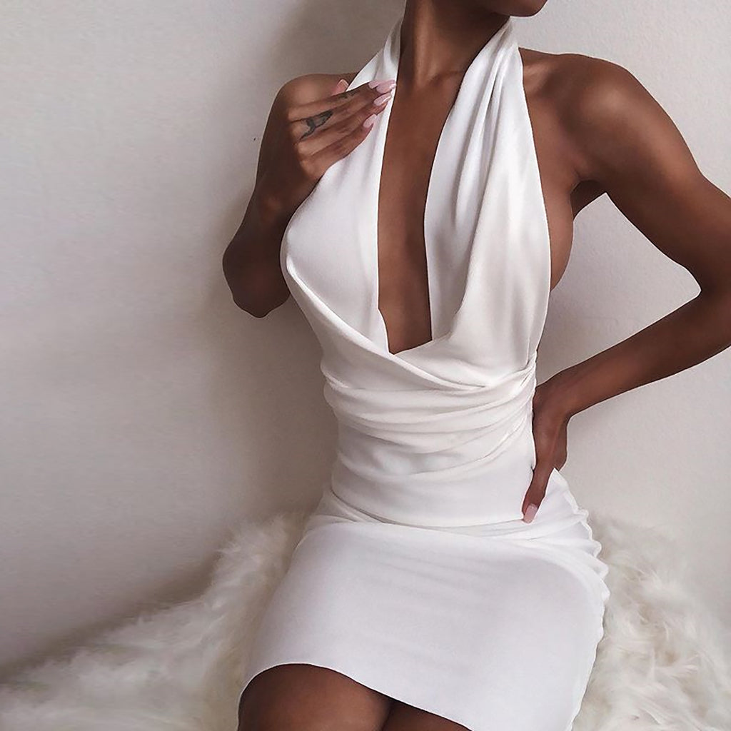 Solid Color Sexy Deep V Backless Sleeveless Hip Dress