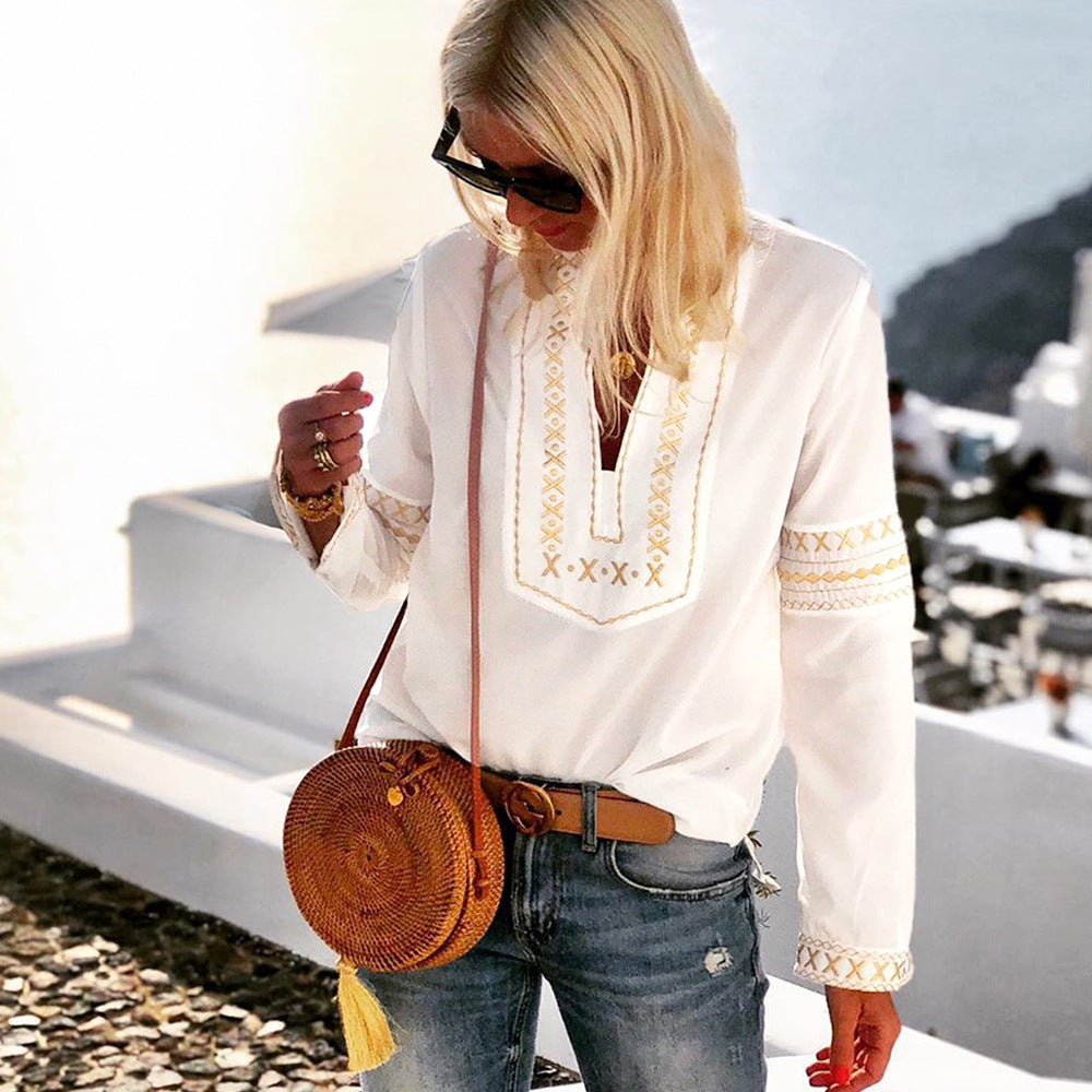 Printed Long-Sleeved High-Necked Casual Loose Shirt