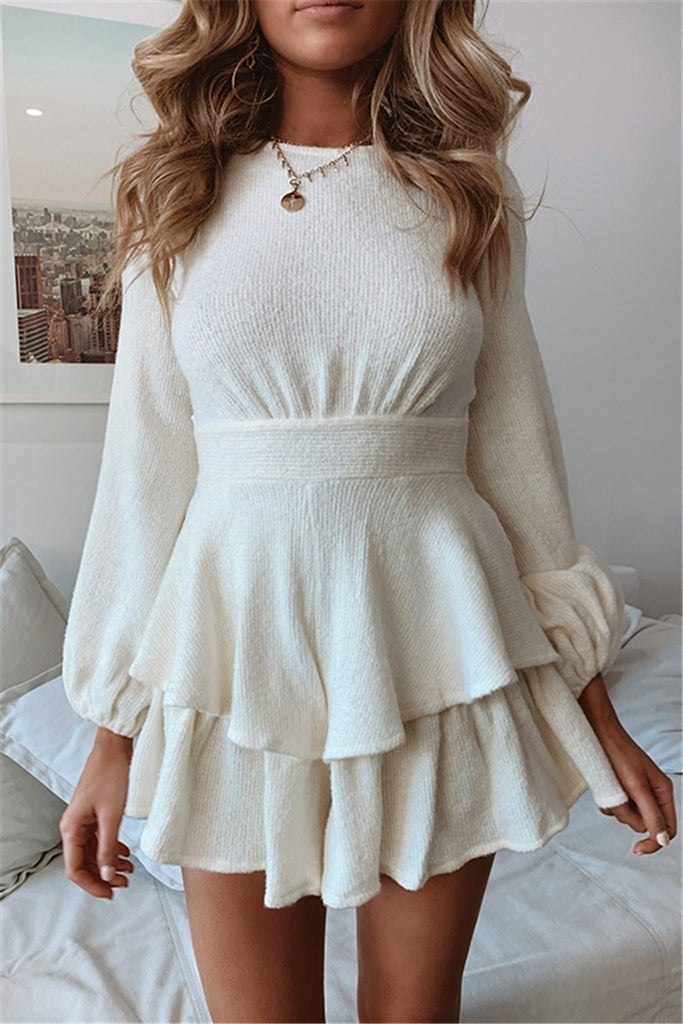 Fashion Round Neck Ruffled Long Sleeve Dress