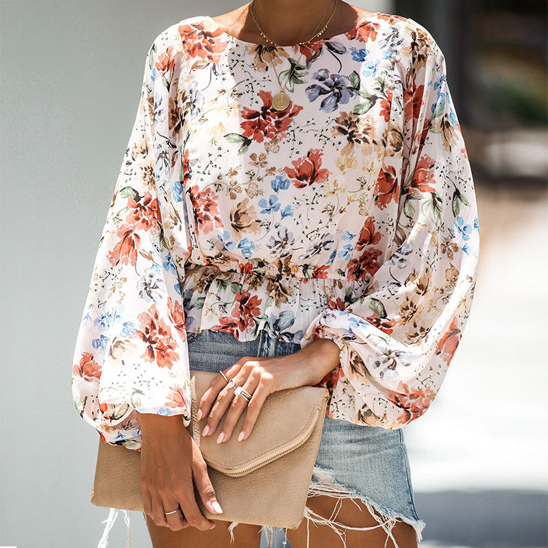 Long Sleeve Round Neck Chiffon Print Shirt