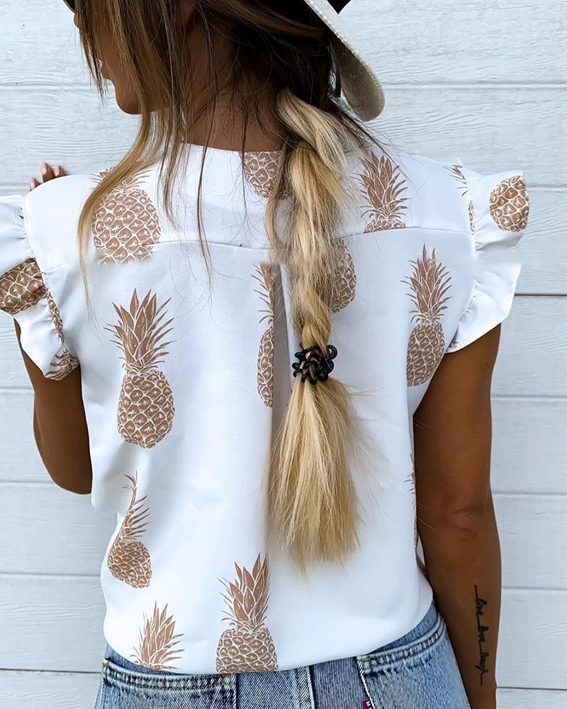 Printed V-Neck Casual Sleeveless Ruffled Shirt