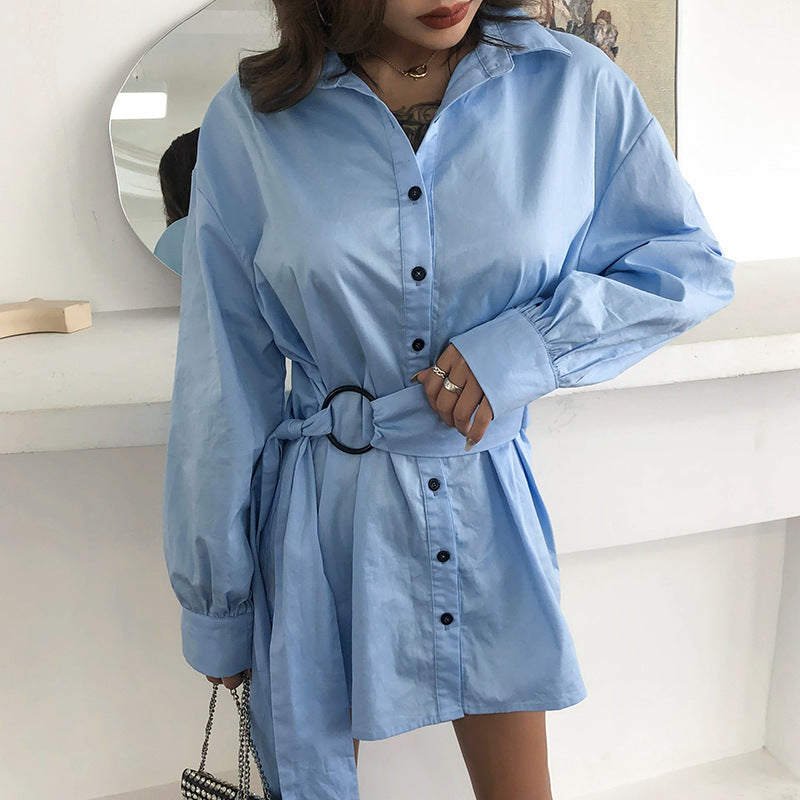 Fashion Joker Waist Solid Color Long Sleeve Dress