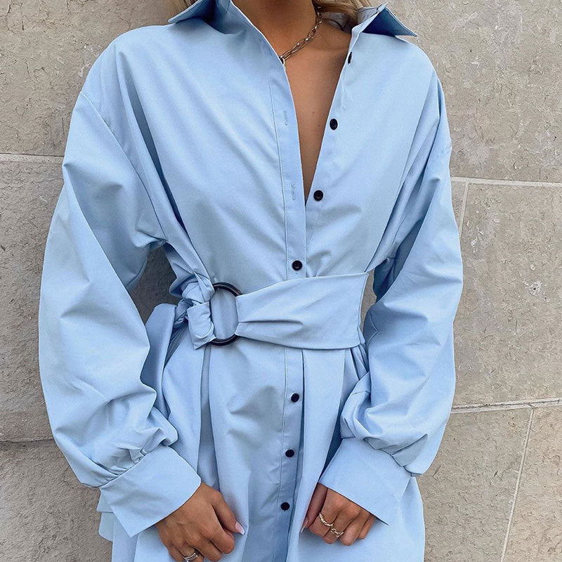 Fashion Joker Waist Solid Color Long Sleeve Dress