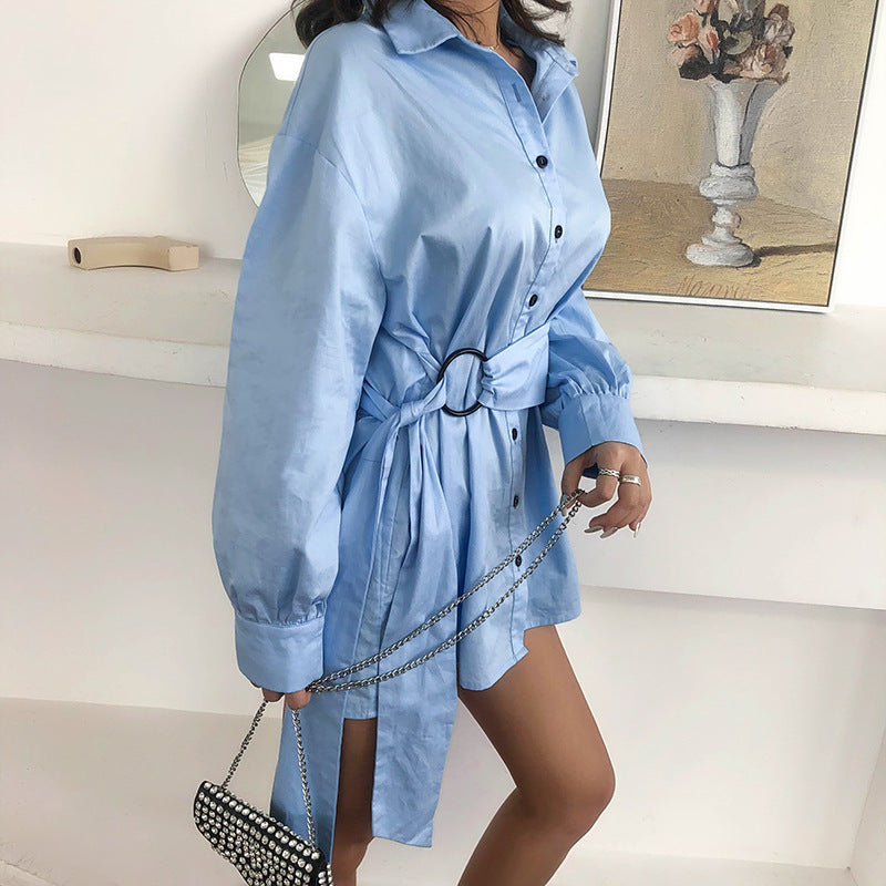 Fashion Joker Waist Solid Color Long Sleeve Dress