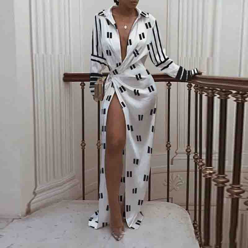 Design White Long Sleeve Print Dress