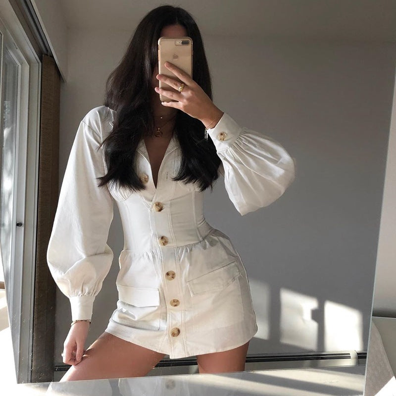 Solid Color Slim Breasted Long-Sleeved Dress