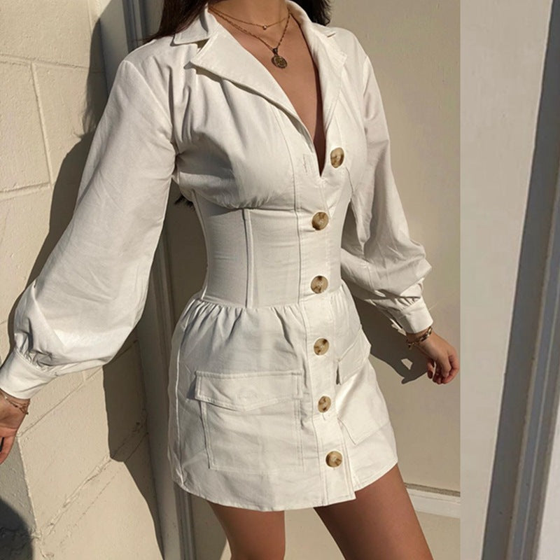 Solid Color Slim Breasted Long-Sleeved Dress