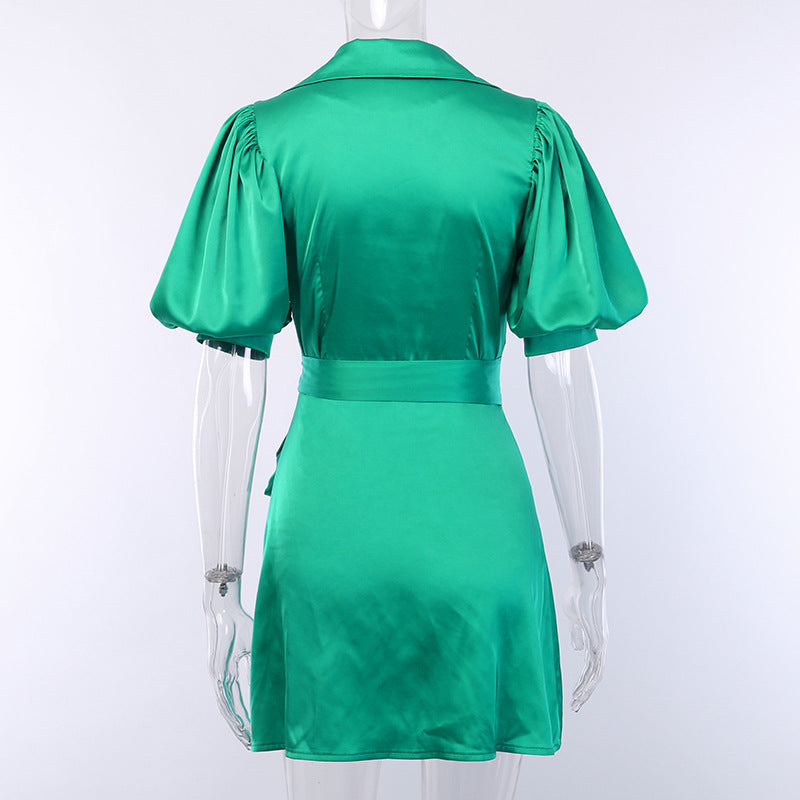 V-Neck Short-Sleeved Solid Color Dress