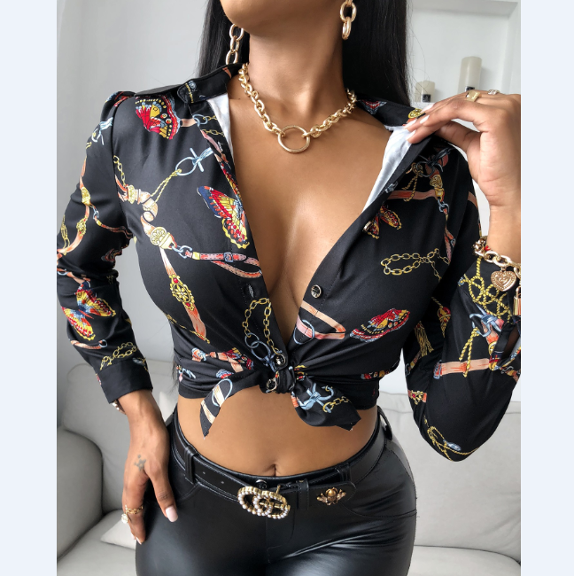 Butterfly Print V-Neck Long Sleeve T-Shirt