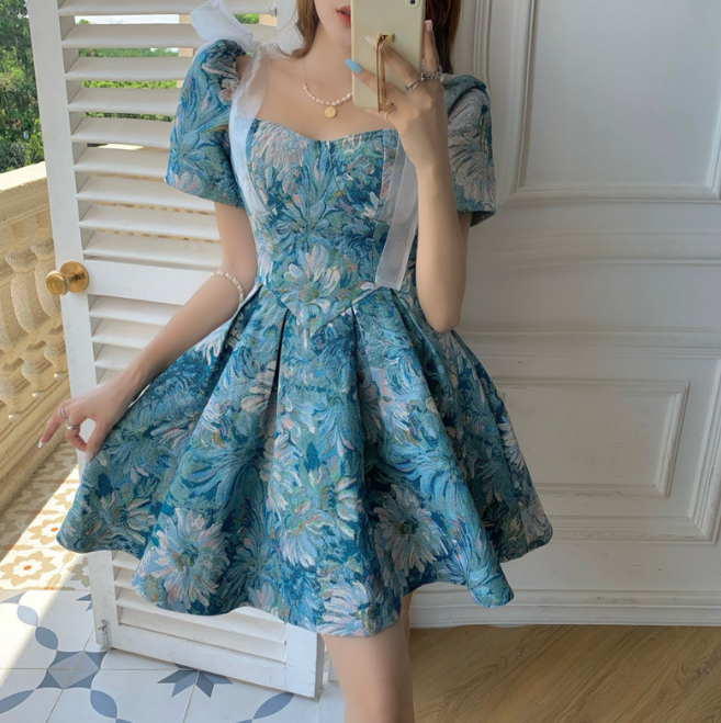 Printed Bowknot Short Sleeve High Waist Dress