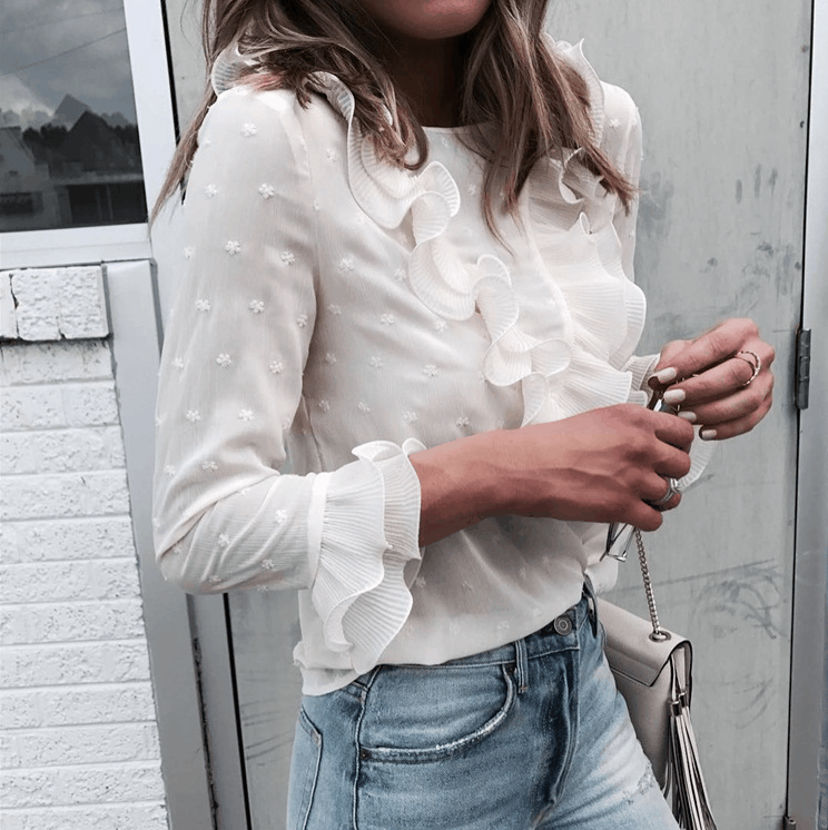 Fashion White Long-Sleeved Round Neck Button Top