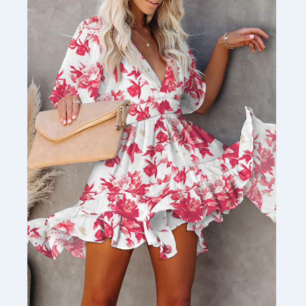 V-Neck Short Sleeve Ruffle Print Dress