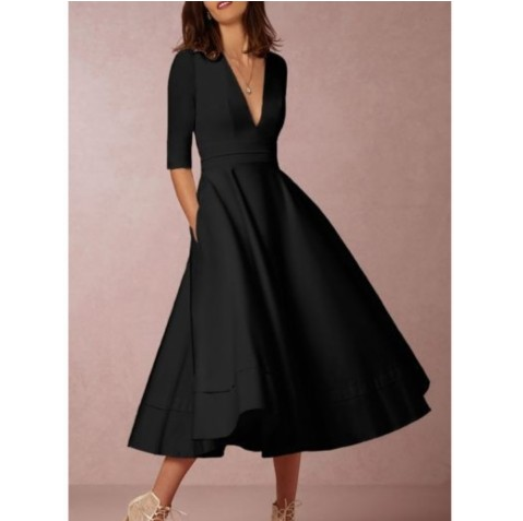 Solid Color Sexy V-Neck High Waist Dress