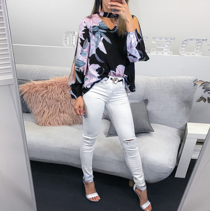 Fashion Printed Long Sleeve Button V-Neck Shirt