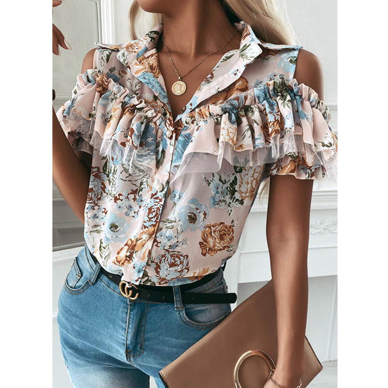 Fashion Printed Off-Shoulder Short-Sleeved Shirt Top