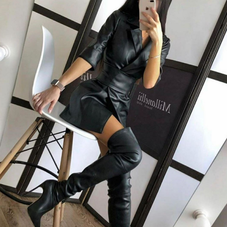 Solid Leather Long-Sleeved Dress