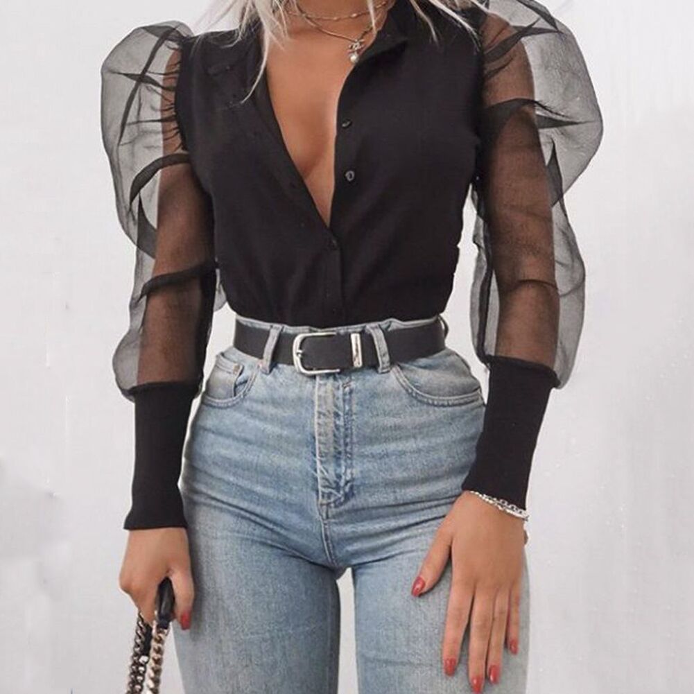 V-Neck Solid Color Women'S Puff Sleeve Long Sleeve Shirt