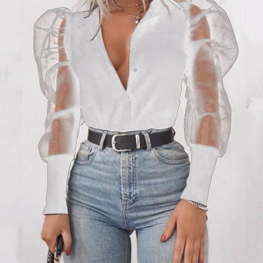 V-Neck Solid Color Women'S Puff Sleeve Long Sleeve Shirt