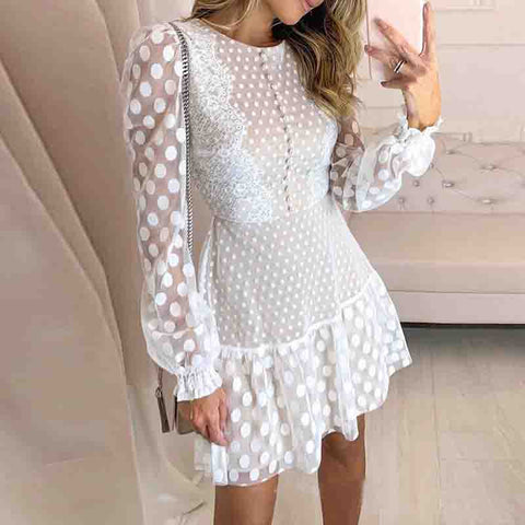 LONG SLEEVE V-NECK LACE PACKAGE HIP DRESS