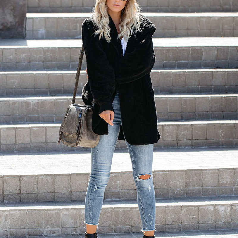 Solid Color Women'S Long-Sleeved Hooded Cardigan Coat