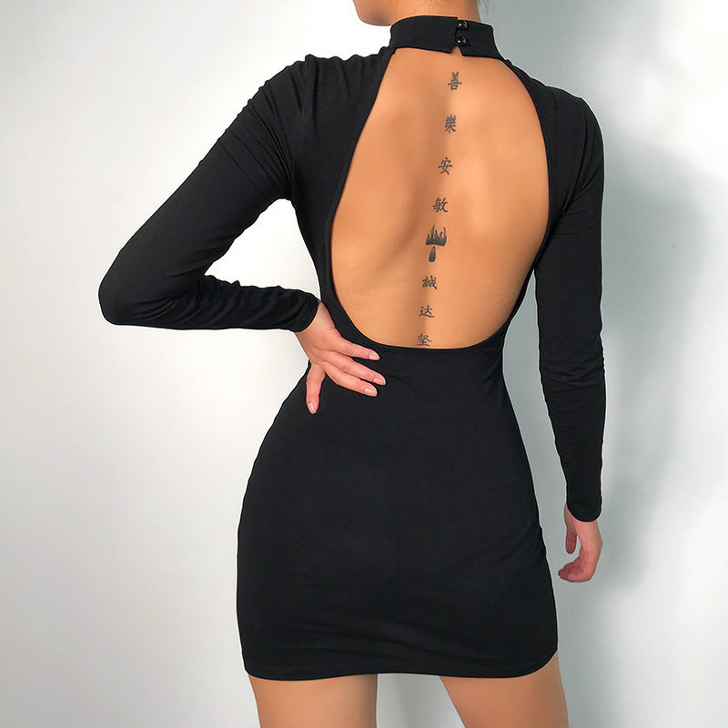 High-Necked Slim Sexy Halter Long-Sleeved Dress